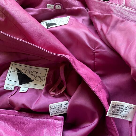 Vintage 80s Yucatan Bay Pink 2 Piece Leather Mini Skirt Jacket Matching Suit Set - Picture 14 of 14